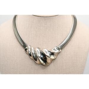Vintage Silver Tone Omega Necklace Sculptural Swirl Center 1980s